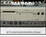Akai VX600 - Rear View * Memory Card Slot, MIDI I/O, External Inputs, Pedal Jacks, Line Output