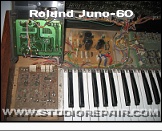 Roland Juno-60 - Chorus PCB * Left side view with up-lifted bender unit to unsheathe the chorus PCB